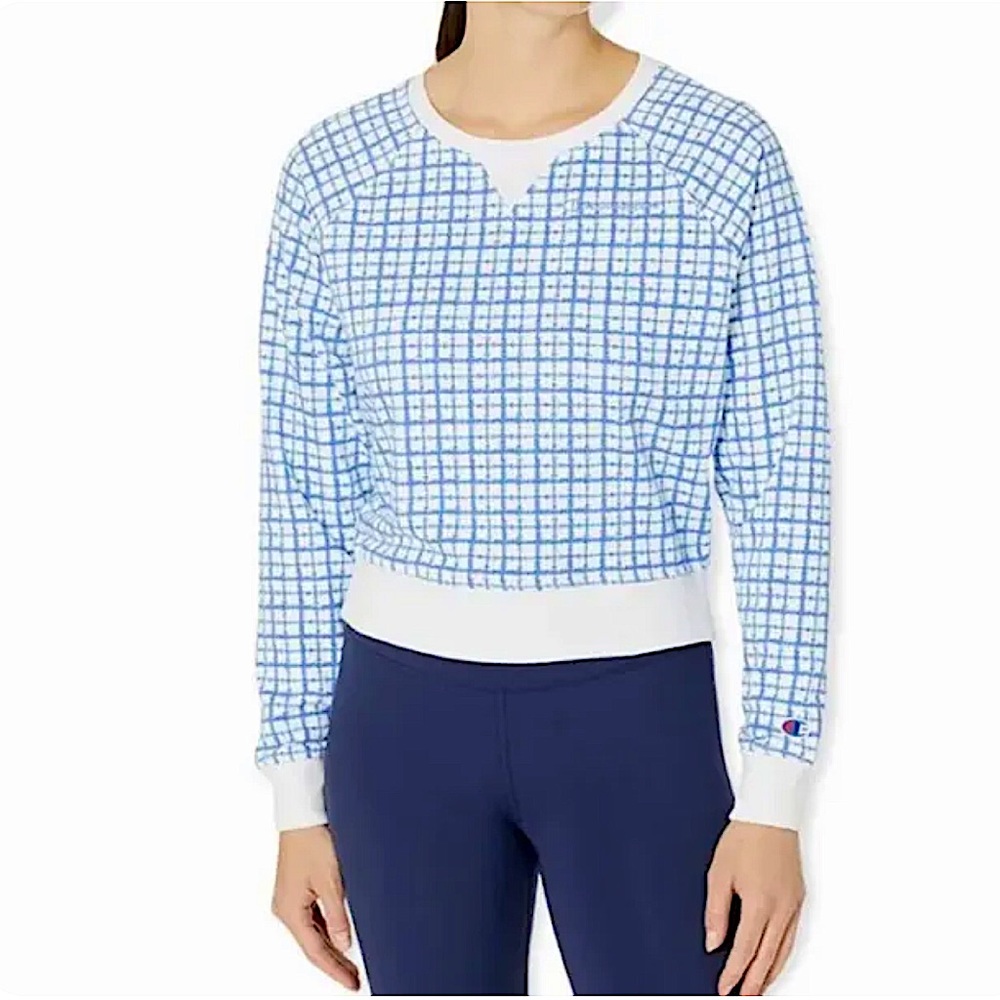 Champion Blue Mini Batik Check Campus French Terry Crewneck Sweatshirt